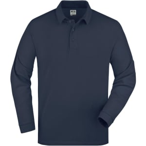 A long-sleeved navy polo shirt with a collar and three-button placket, featuring a logo.