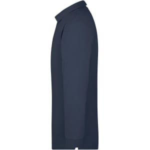 A navy long-sleeve polo shirt with a collar and a logo brand attachment on the side.