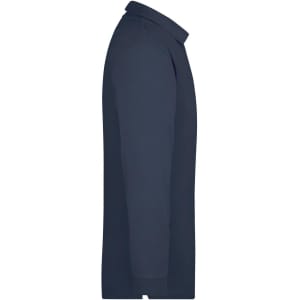 A navy long-sleeve polo shirt showcased from the side, featuring a collar and a branding logo.