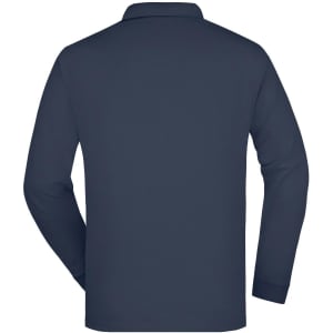 A navy blue long-sleeve polo shirt with a logo on the back.