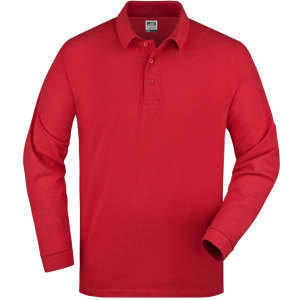 A red long-sleeve polo shirt featuring a collar and a button placket, with a logo on the chest.