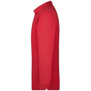 A red long-sleeved polo shirt displayed from the side, featuring a collar and a logo.