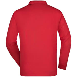 A long-sleeve polo shirt in red with a collared neckline and a simple back design, featuring a logo.