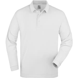 A long-sleeve white polo shirt featuring a collar and a placket with buttons. It has a logo on the chest.