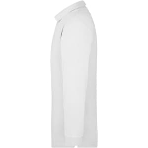 A white long-sleeve polo shirt displayed from the side, featuring a collar and a logo on the chest.