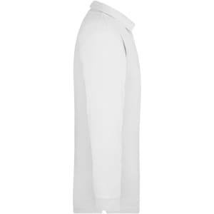 A white long-sleeve polo shirt with a collar and branding on the side.