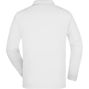A white long-sleeve polo shirt featuring a classic collar and a logo on the back.