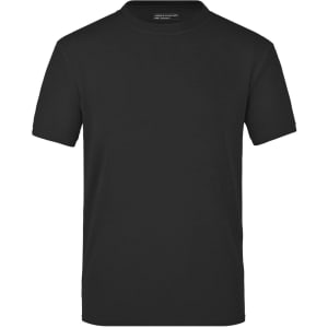 A black T-shirt with a crew neck design, featuring short sleeves and a plain finish. It has a brand logo inside the neck.