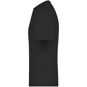 A black T-shirt with short sleeves and a round neck, featuring a logo on the front.