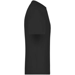 A black T-shirt with short sleeves and a plain design, featuring a logo on the front.