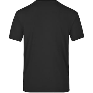 A plain black T-shirt featuring a simple design and a logo on the back.