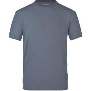 A grey T-shirt with a simple design, featuring a round neckline and short sleeves. It has a logo on the tag.