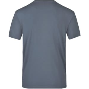 A grey T-shirt featuring a classic crew neck and short sleeves, with a logo on the back.