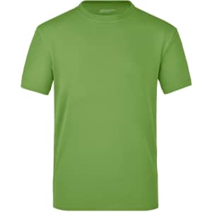 A green T-shirt with a round neck and short sleeves. It features a logo on the side.