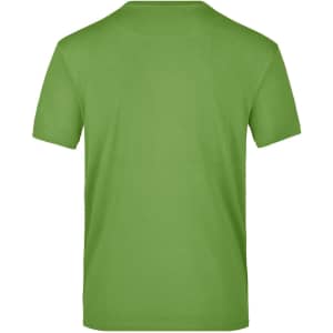 A green T-shirt with a crew neck and short sleeves. The back view shows a solid colour without any designs.