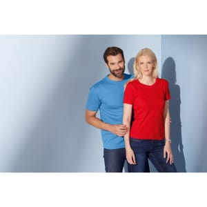 A blue unisex T-shirt worn by a man and a red women's T-shirt worn by a woman, both displayed against a light background.