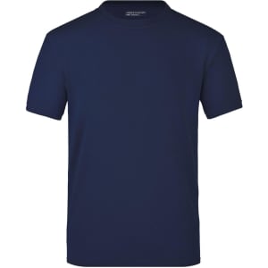 A navy blue T-shirt with a round neckline and short sleeves, featuring a logo on the label.
