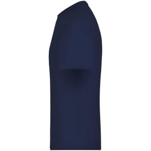 A navy blue T-shirt with a classic crew neck and short sleeves. It features a simple design and has a logo.