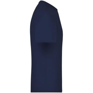 A navy blue T-shirt with short sleeves, featuring a plain design and a branding logo on the fabric.