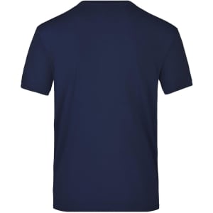 A navy T-shirt with a standard crew neck and short sleeves, featuring a logo on the back.