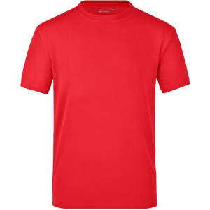 A red T-shirt featuring a round neck and short sleeves, with a logo on the tag.