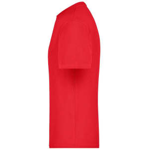 A red T-shirt with short sleeves and a simple design, featuring a logo on the side.