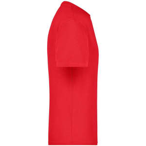 A red T-shirt displayed from the side, featuring short sleeves and a simple design with branding.