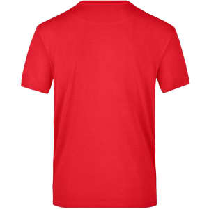 A plain red T-shirt with a short sleeve and a standard fit, featuring a branding logo on the back.