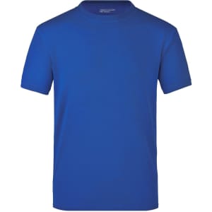 A blue short-sleeved T-shirt featuring a plain design and a logo on the neckline.