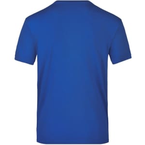 A blue T-shirt with a short-sleeve design, featuring a plain back and a logo on the side.