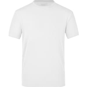 A white T-shirt featuring short sleeves and a round neckline. It has a simple design and includes a logo.