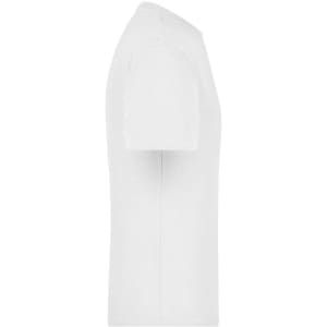 A white T-shirt displayed from the side, featuring a simple design and a standard fit. It also has a logo.