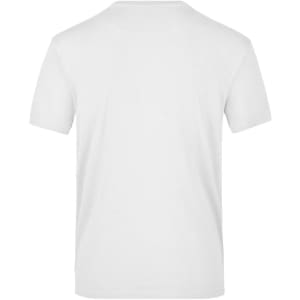 A plain white T-shirt featuring a crew neck and short sleeves, with a logo on the back.
