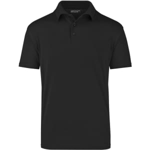 A black polo shirt with a classic collar and three buttons, featuring a logo on the chest.