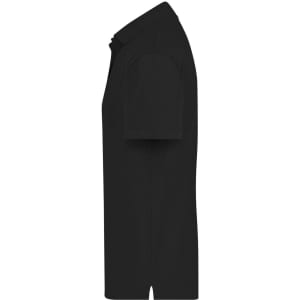 A black polo shirt with a classic collar and short sleeves, featuring a logo on the chest.