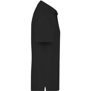 A black polo shirt featuring short sleeves and a classic collar, with a logo on the side.