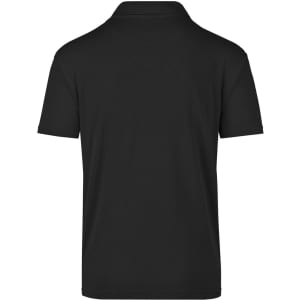 A black polo shirt with a classic collar and back view, featuring a branding logo.