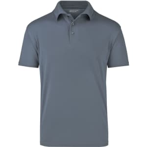 A grey polo shirt with a collar and three buttons, featuring a logo on the chest.