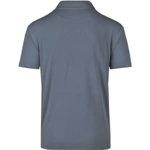 A grey polo shirt with a classic collar, featuring a logo on the back. Simple and versatile design.