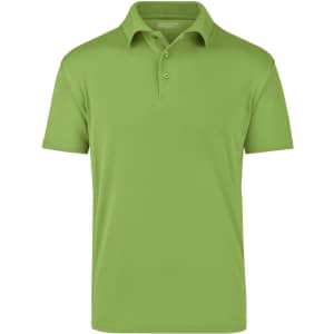 A green polo shirt with a classic collar and short sleeves, featuring a logo.