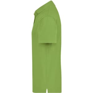 A green polo shirt featuring a collar and short sleeves, with a branding logo on the side.