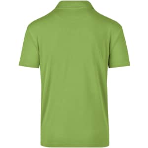 A green polo shirt with a collar, featuring a logo on the back.