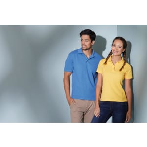 A blue polo shirt and a yellow polo shirt are displayed, worn by a man and a woman, both with a logo.