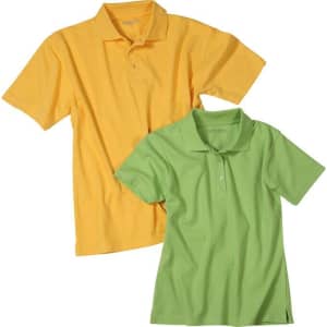 Two polo shirts are displayed, one in bright yellow and the other in light green, both featuring a logo.