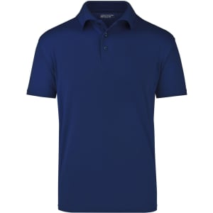 A navy blue polo shirt with a classic collar, featuring a logo on the chest.