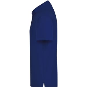 A blue polo shirt is displayed from the side, featuring short sleeves and a collar. The shirt has a logo.