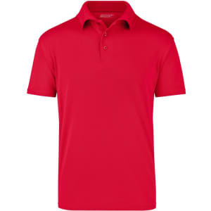 A red polo shirt featuring a collar and button placket, with a logo present.