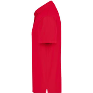 A red polo shirt featuring short sleeves and a collar, with a logo on the left side.