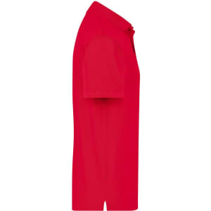 A red polo shirt with short sleeves, featuring a collar and a logo on the chest.