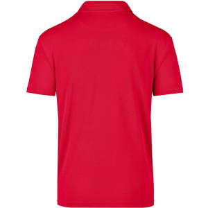 A red polo shirt with a collar and short sleeves, featuring a logo. The image displays the back view of the shirt.